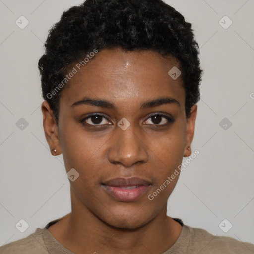 Neutral black young-adult female with short  black hair and brown eyes