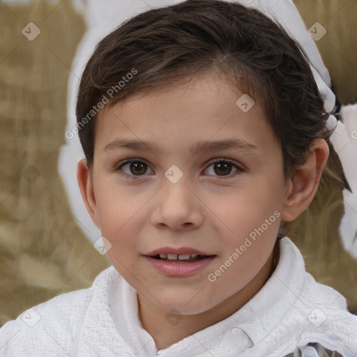 Joyful white child female with short  brown hair and brown eyes