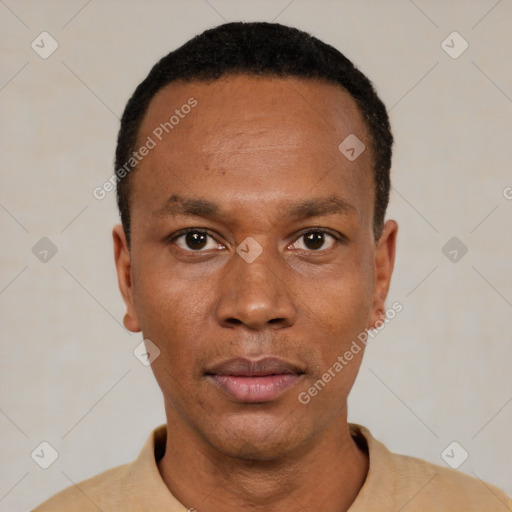 Neutral black young-adult male with short  black hair and brown eyes