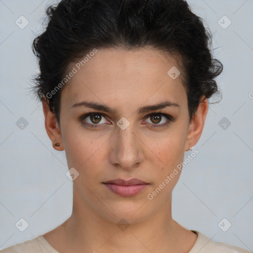 Neutral white young-adult female with short  brown hair and brown eyes