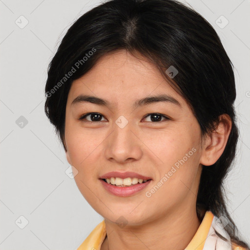 Joyful asian young-adult female with medium  brown hair and brown eyes