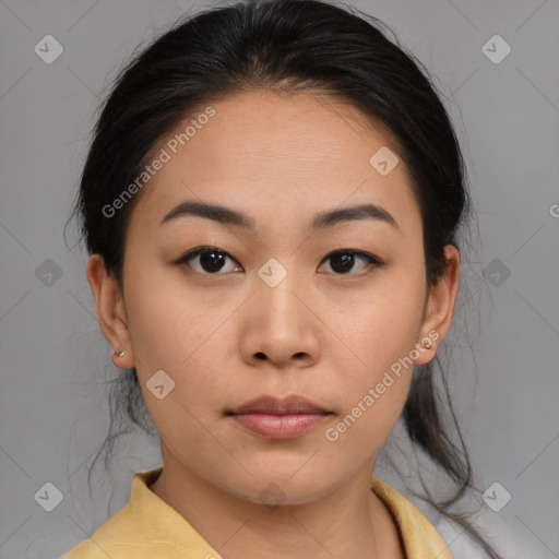 Neutral asian young-adult female with medium  brown hair and brown eyes