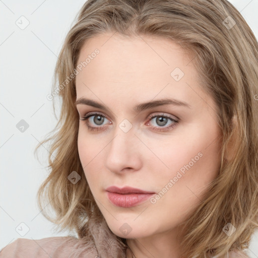 Neutral white young-adult female with medium  brown hair and blue eyes