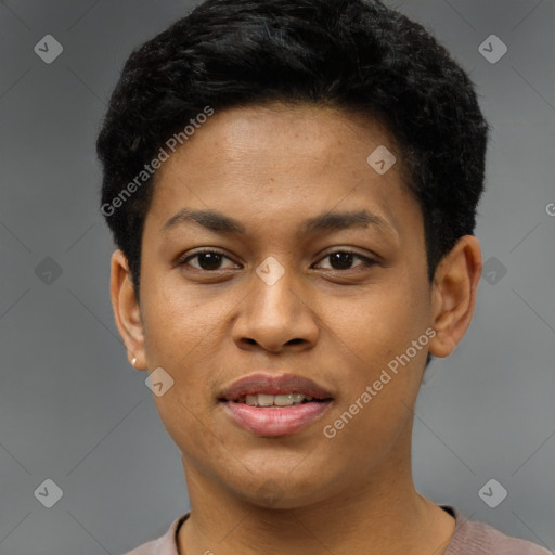 Joyful latino young-adult female with short  brown hair and brown eyes