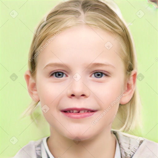 Joyful white child female with medium  brown hair and grey eyes