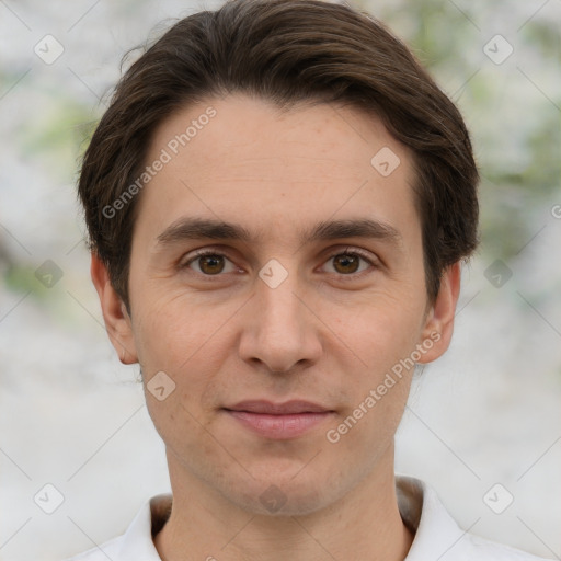 Joyful white young-adult male with short  brown hair and brown eyes