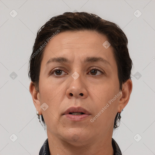 Neutral white adult female with short  brown hair and brown eyes