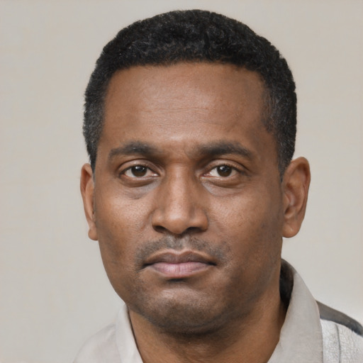 Neutral black young-adult male with short  black hair and brown eyes
