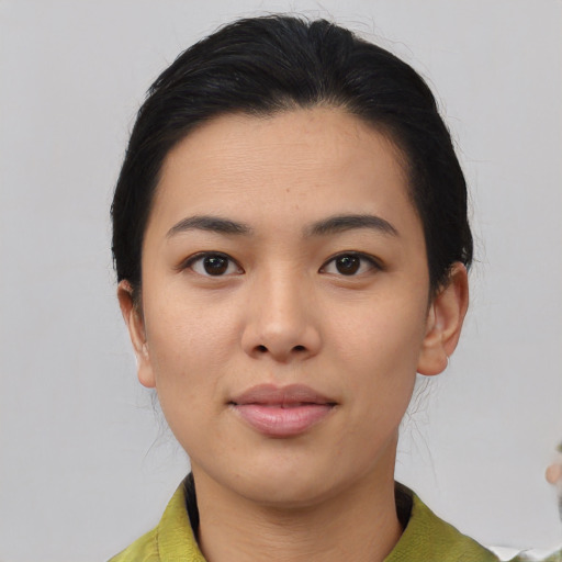 Neutral asian young-adult female with short  black hair and brown eyes