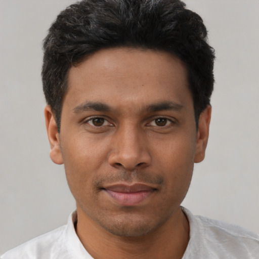 Neutral asian young-adult male with short  black hair and brown eyes