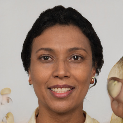 Joyful black adult female with medium  brown hair and brown eyes