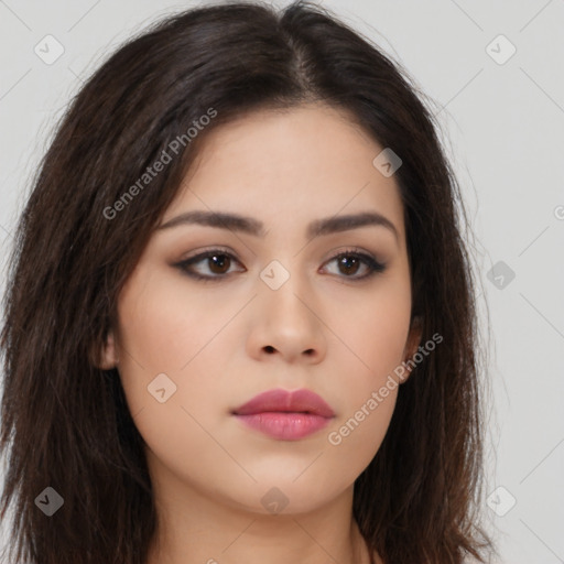 Neutral asian young-adult female with long  brown hair and brown eyes