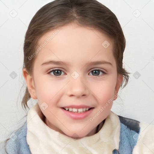 Joyful white child female with medium  brown hair and blue eyes