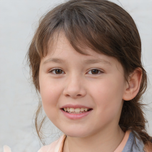 Joyful white child female with medium  brown hair and brown eyes