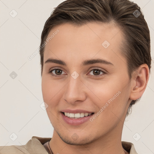 Joyful white young-adult female with short  brown hair and brown eyes