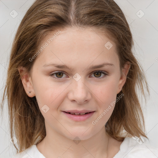 Joyful white child female with medium  brown hair and brown eyes