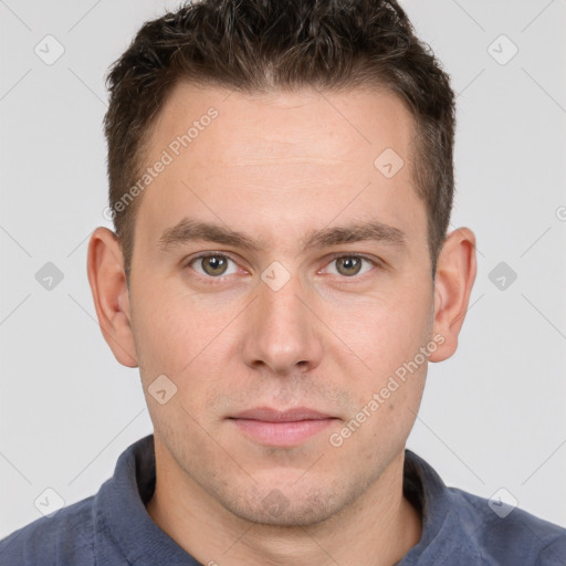 Neutral white young-adult male with short  brown hair and brown eyes