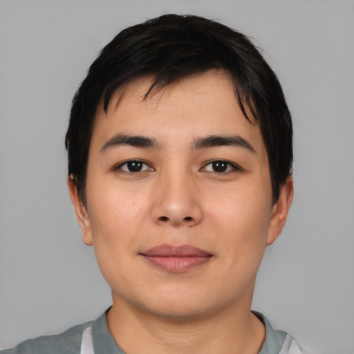 Joyful asian young-adult male with short  black hair and brown eyes