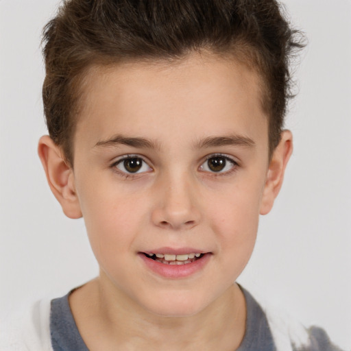 Joyful white child female with short  brown hair and brown eyes