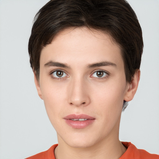 Neutral white young-adult female with short  brown hair and brown eyes