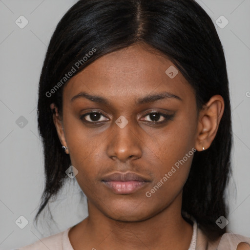 Neutral asian young-adult female with medium  black hair and brown eyes