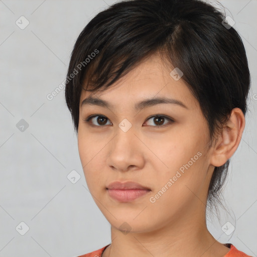 Neutral asian young-adult female with medium  brown hair and brown eyes