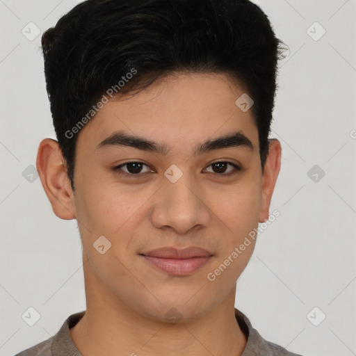 Joyful latino young-adult male with short  brown hair and brown eyes