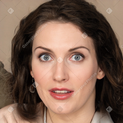 Joyful white young-adult female with long  brown hair and green eyes