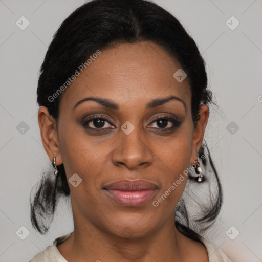 Joyful black young-adult female with medium  brown hair and brown eyes