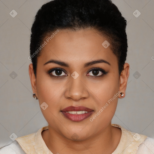 Joyful latino young-adult female with short  brown hair and brown eyes