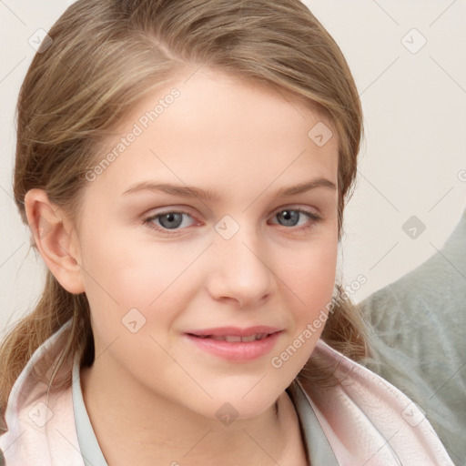 Joyful white child female with medium  brown hair and blue eyes