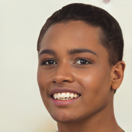 Joyful latino young-adult female with short  black hair and brown eyes