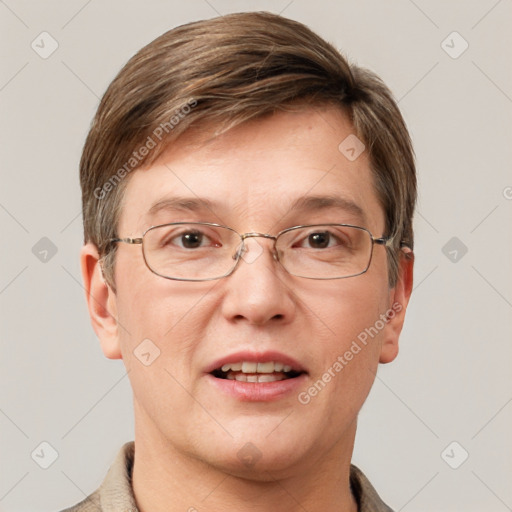 Joyful white adult male with short  brown hair and grey eyes