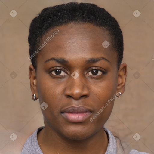 Neutral black young-adult female with short  black hair and brown eyes