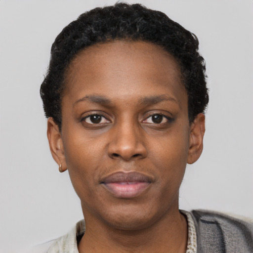 Neutral black young-adult female with short  black hair and brown eyes