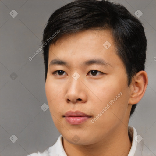 Neutral asian young-adult male with short  black hair and brown eyes