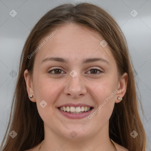 Joyful white young-adult female with long  brown hair and grey eyes