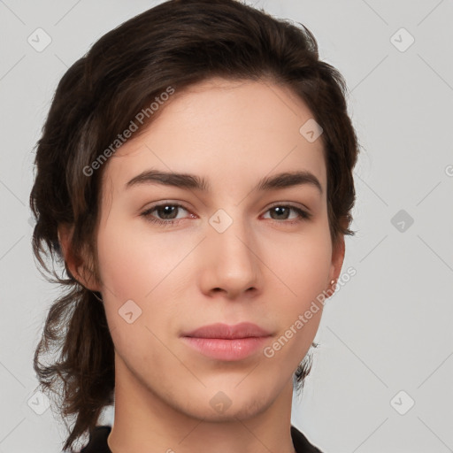 Neutral white young-adult female with medium  brown hair and brown eyes