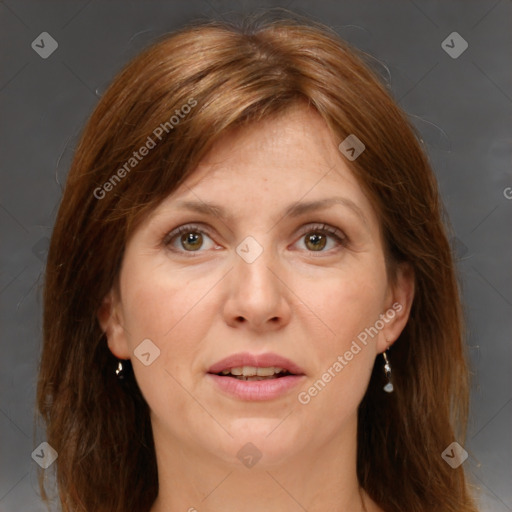 Joyful white adult female with medium  brown hair and grey eyes