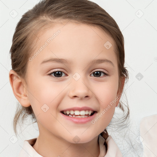 Joyful white child female with medium  brown hair and brown eyes