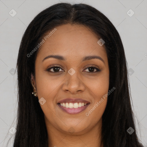 Joyful latino young-adult female with long  brown hair and brown eyes