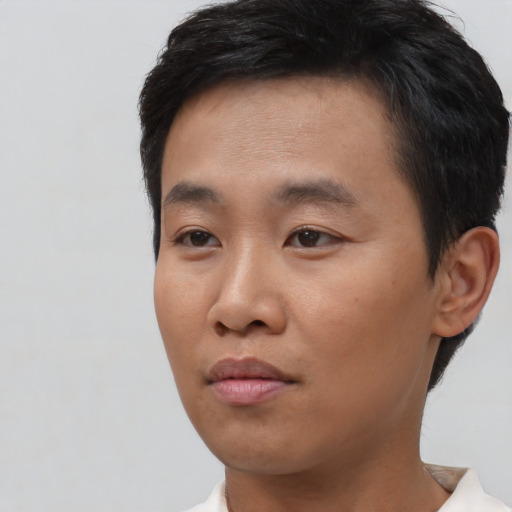 Neutral asian young-adult male with short  black hair and brown eyes