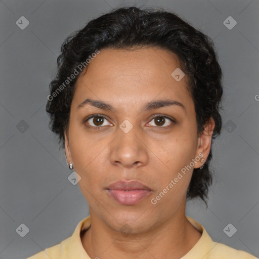 Neutral latino young-adult female with short  black hair and brown eyes