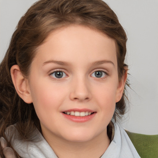 Joyful white child female with medium  brown hair and brown eyes