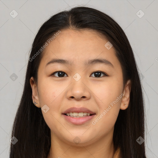 Joyful asian young-adult female with long  brown hair and brown eyes