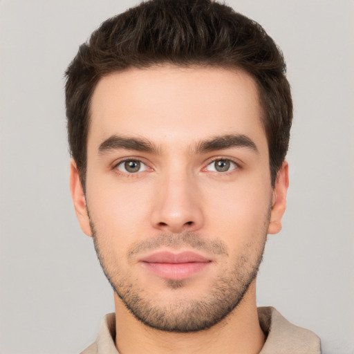 Neutral white young-adult male with short  brown hair and brown eyes