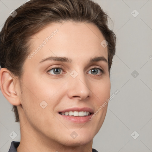 Joyful white young-adult female with short  brown hair and grey eyes