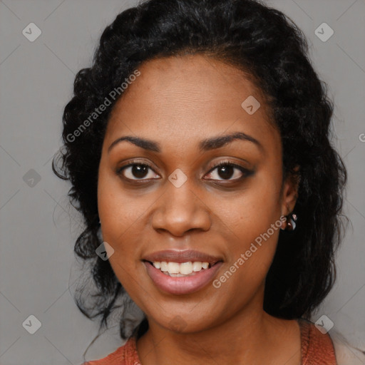 Joyful black young-adult female with medium  black hair and brown eyes