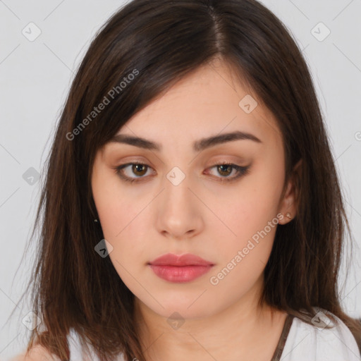 Neutral white young-adult female with long  brown hair and brown eyes