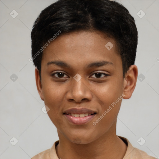 Joyful latino young-adult female with short  brown hair and brown eyes